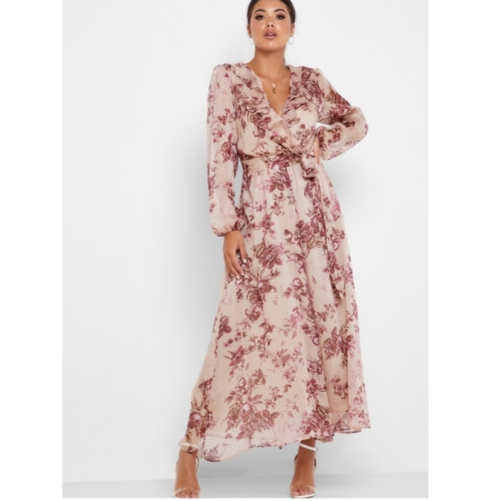 Mango Floral Maxi Balloon Sleeve Tie Ruffle Boho Whimsical Cottagecore Dress